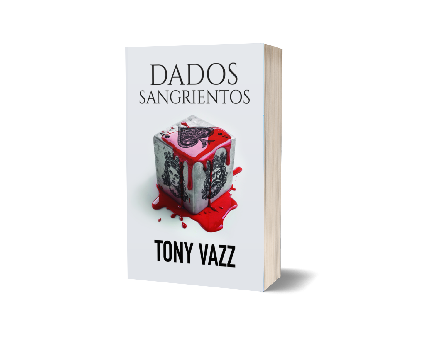 Portada de Dados Sangrientos — Un dado de piedra con motivos de naipes cubierto de sangre