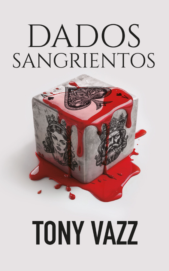 Portada de Dados Sangrientos — Un dado de piedra con motivos de naipes cubierto de sangre